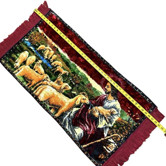 VTG 1970s Jesus The Good Shepherd Christian Tapestry Rug Wall Hanging 43”x 20” - Picture 3 of 16